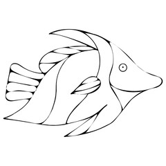 Black and White Fish Coloring Page. Handdrawn Black and White Sea Doodle Sketch Illustration. Fish Coloring Book for Kids.