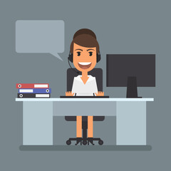 Phone operator girl sits at computer desk and speaks