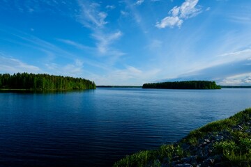 Calm lake view in the forest, blue sky