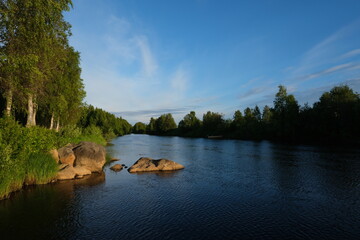 Naklejka premium Calm lake view in the forest, blue sky