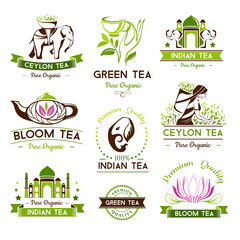 Green, ceylon and bloom tea emblems. - obrazy, fototapety, plakaty