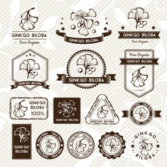 Ginkgo biloba. Labels, stamps and badges collection.