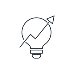 Lamp and arrow pointing up. Advanced idea. Development tool. Vector linear icon isolated on white background.