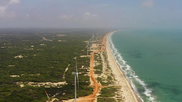 Top view of Group of wind turbines on the coastline. Mannar, Sri Lanka. Wind power plant.