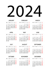 Calendar 2024 year - vector illustration. Week starts on Monday. Calendar Set for 2024 year