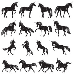 silhouette unicorns black set on white background isolated, vector