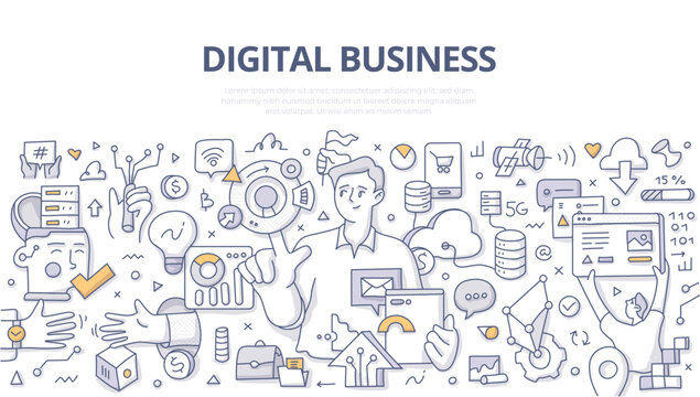 Digital business. Businessman uses technology to add value to business models. Automating workflow, use AI and capture data to optimize business processes. Doodle vector illustration in linear style © Rassco