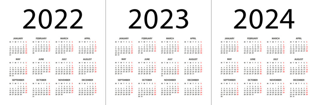 Calendar 2022, 2023, 2024 year - vector illustration. Week starts on Monday. Calendar Set for 2022, 2023, 2024 years