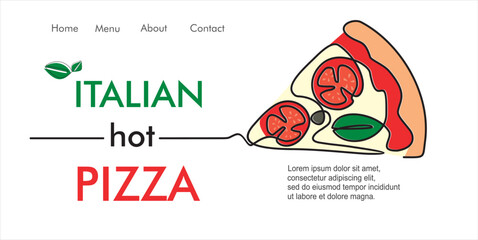 Continuous one line drawing of Italy pizza for restaurant logo badge. Italian pizzeria logotype template concept isolated on white background. Trendy single line draw design with quote template.