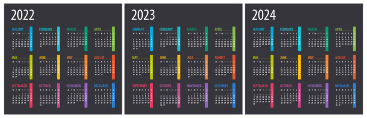 2022, 2023, 2024 Calendar - illustration. Template. Mock up Week starts Sunday