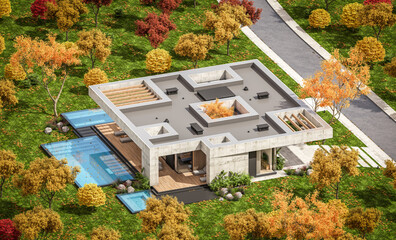 Fototapeta na wymiar 3d rendering of new concrete house in modern style with pool and parking for sale or rent and beautiful landscaping on background. The house has only one floor Clear sunny autumn day with golden leavs