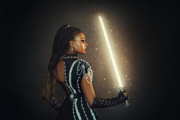 Portrait fantasy african american woman warrior holding magic weapon glowing sword weapon in hand. Dark queen girl in black military dress. Gothic lady elf fairy magician. Sexy warrior princess face - Powered by Adobe