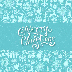 Blue christmas greeting card with decorations and lettering