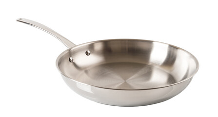 New stainless steel frying pan cutout. New skillet of 18 10 chrome nickel steel isolated on a white background. Empty inox frypan for frying, searing, and browning food. Modern metal cookware.