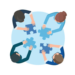 Business people joining puzzle pieces on table.Business team meeting brainstorming concept top view. Vector stock