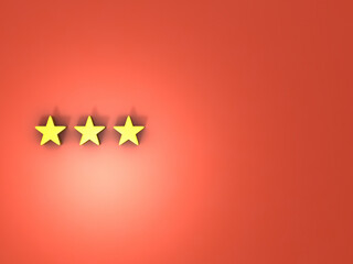 三ツ星のアイコン。赤い壁面に飾られた三つの金色の星。高得点と高評価のシンボル。3Dレンダリング。