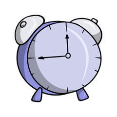 Round lilac alarm clock, vector illustration in cartoon style