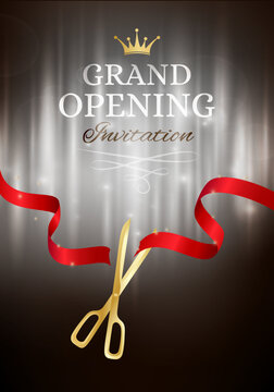 Grand opening invitation card with cut red ribbon and gold scissors. Stock  Vector | Adobe Stock
