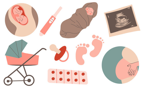 A set of stickers on the theme of motherhood. A pregnant woman, a fetus, a nipple, a stroller, a pregnancy test, a photo of a baby on an ultrasound scan, a large belly of a pregnant woman.