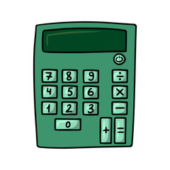 Square green calculator for students and schoolchildren, vector illustration in cartoon style