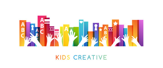 Colorful books with children hands up. Horizontal divider. Kids creative conceptual vector illustration.