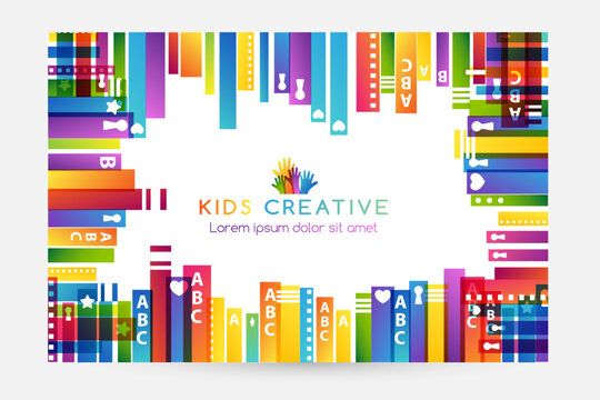 Colorful books. Horizontal frame. Kids creative conceptual vector illustration.