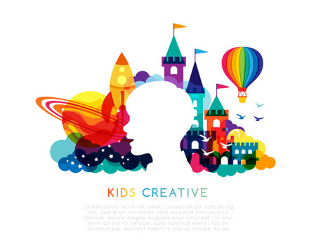 Kids creative education. Conceptual illustration. Boy with fantasy rainbow decoration elements. Vector horizontal colorful emblem with child silhouette.
