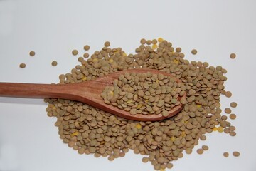 Lentils (Lens culinaris) in a wooden spoon on a white background, top view.