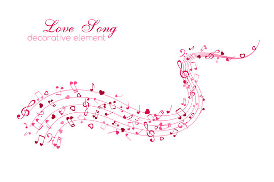 Heart and Notes on the horizontal wavy path. Love Music decoration element isolated on the white background.