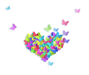 Decorative flying butterflies pattern in heart shape isolated on white background with copy space. Spring, summer season concept.