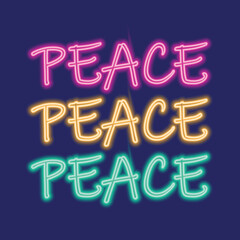 Peace neon logo. Bright colorful signboard in neon style on dark blue background. Vector illustration.
