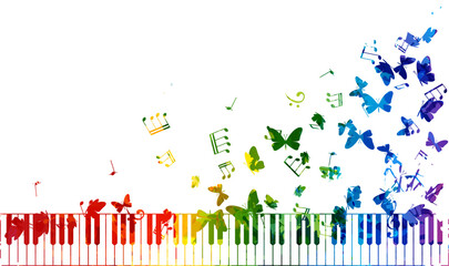 Creative rainbow musical illustration. Vector decoration element with piano keys, notes and flying butterflies.
