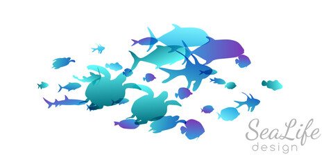 Fototapeta na wymiar Colony of swiming sea or aquarium fishes. Group of underwater animals. Collection of isolated vector decoration.