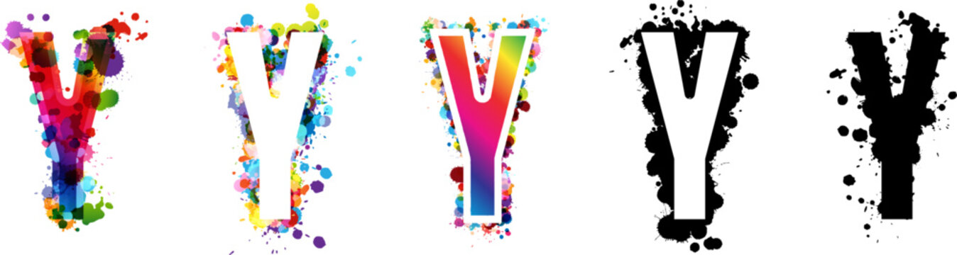 Y letters with rainbow and black paint splash decorative elements. Colorful Y letter emblems collection. Vector illustration in artistic style.