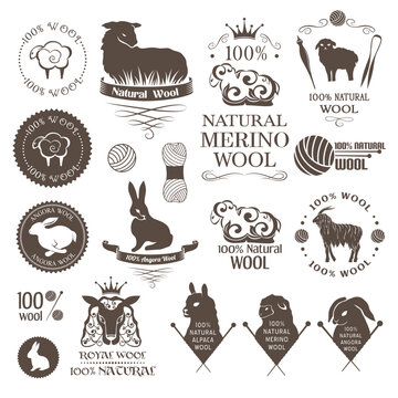 Wool design elements. Labels set of sheep, alpaca, rabbit and goat wool. Logos and emblems for 100% natural wool products.