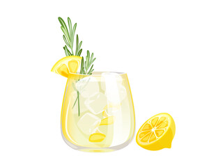 Gin Fizz cocktail .Refreshing drink with lemon, ice and rosemary.Vector illustration. - obrazy, fototapety, plakaty