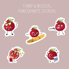 Set of stickers cute characters, funny pomegranate fruit with musical instruments, on a surfboard, with a cocktail, smoothie, fresh. Summer time, summer mood, summer vibes. Vector illustration.