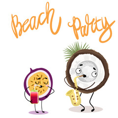 Vector illustration of cute characters, funny fruits, passion fruit drinks a cocktail, fresh, smoothie, coconut plays the saxophone. T-shirt design for kids, summer time, summer mood, summer mood. 