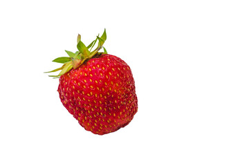 Red berry juicy strawberry. One fresh strawberry with strawberry leaf, isolated on white background.