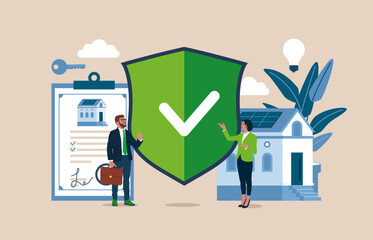 Business contract, mortgage and rental. Real estate agent or broker. Safe property purchase deal, transaction security. Flat vector illustration. 