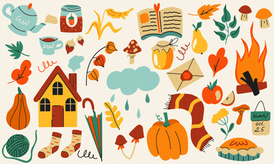 Vector set of autumn icons: scarf, leaves, cozy food, house, book, cloud, umbrella, ball, mushrooms, plants, pumpkins, calendar, and more. Bright background for harvesting, autumn postcard.