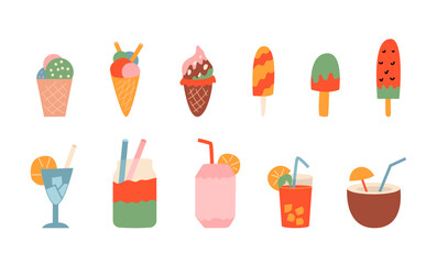 Set of various cocktail drinks and ice cream. Colorful summer objects. Vector illustration on isolated background