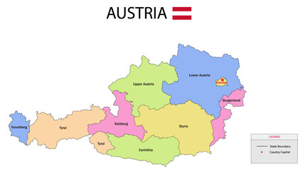 Austria Map. Austria Map with color background and all states name.