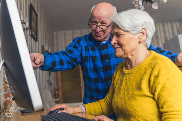 Fototapeta premium Senior modern experienced man pointing at the monitor and explaining his old wife how to use computer . High quality photo