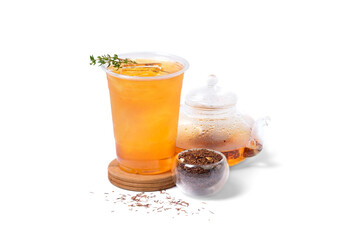 Ice Rooibos Orangy tea with Dry Rooibos Orangy tea and teapot isolated on white background. coffee shop cafe menu concept.