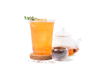 Ice Rooibos Orangy tea with Dry Rooibos Orangy tea and teapot isolated on white background. coffee shop cafe menu concept.