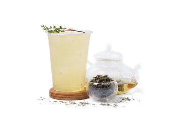 Ice Blossom Peach Oolong tea with Dry Blossom Peach Oolong tea and teapot isolated on white background. coffee shop cafe menu concept.