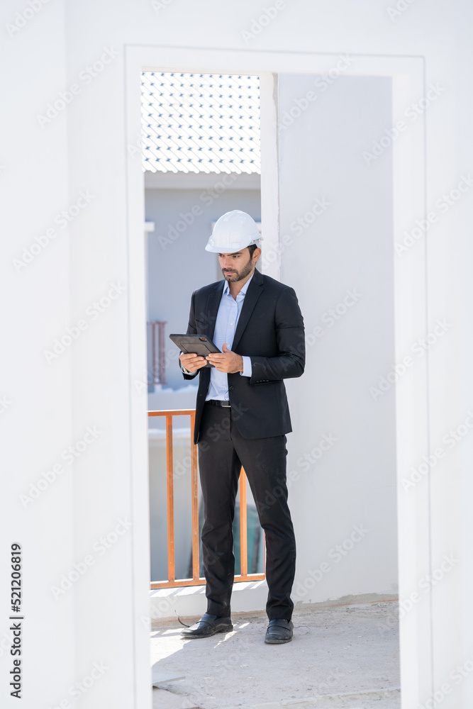 Poster architects checking the construction progress of the housing project,concept of architect profession
