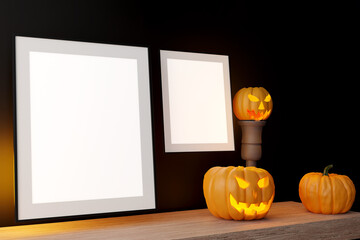 Mock up black frame with Jack o Lantern and pumpkin decor on a desk. Halloween concept. 3d render