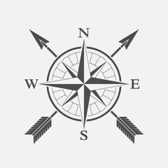 Travel graphic symbol. Compass with crossed bow arrows sign isolated on white background. Journey badge. Vector illustration © archivector